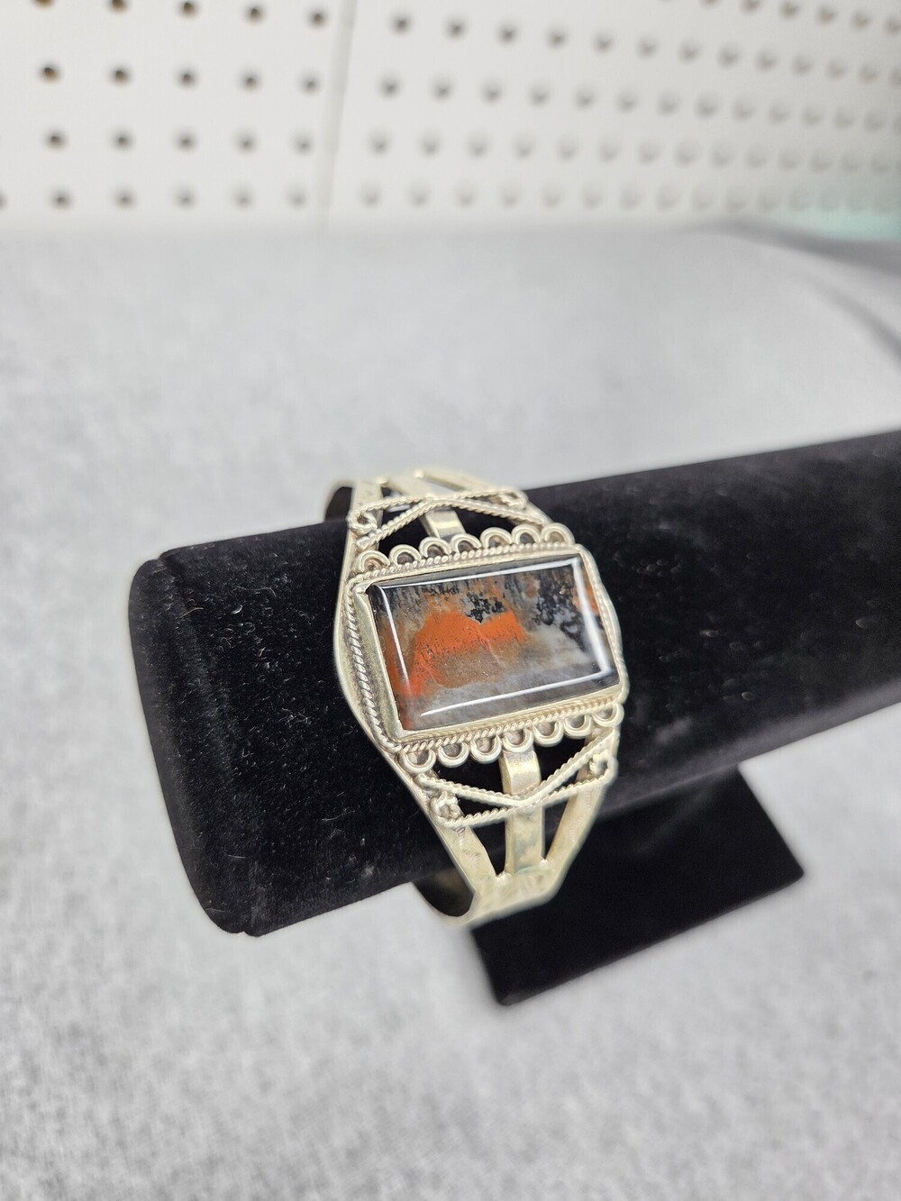 Navajo Sterling Silver Orange Black Petrified Wood Cuff Bracelet One of a Kind